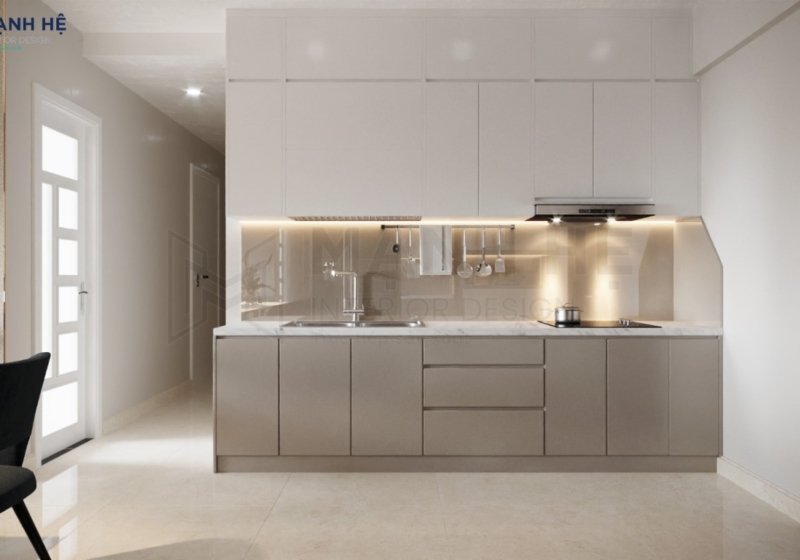 Ứng dụng chất liệu Acrylic vào tủ bếp chữ I hiện đại