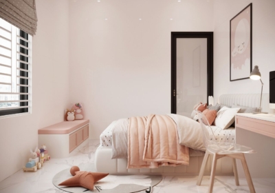 Giường ngủ thiết kế dạng hộp kín bọc nệm da êm ái đặt ở chính giữa phòng