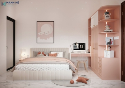 Không gian bộ phòng ngủ với gam màu hồng pastel chủ đạo và sử dụng chất liệu gỗ công nghiệp chủ yếu
