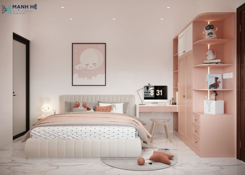 Không gian bộ phòng ngủ với gam màu hồng pastel chủ đạo và sử dụng chất liệu gỗ công nghiệp chủ yếu