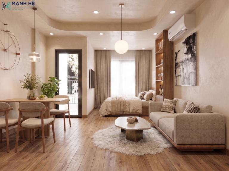 Không gian phòng khách, phòng ngủ và bàn ăn liền mạch với nội thất gỗ tông ấm, sofa kem, giường ngủ, bàn ăn 4 ghế và ánh sáng tự nhiên