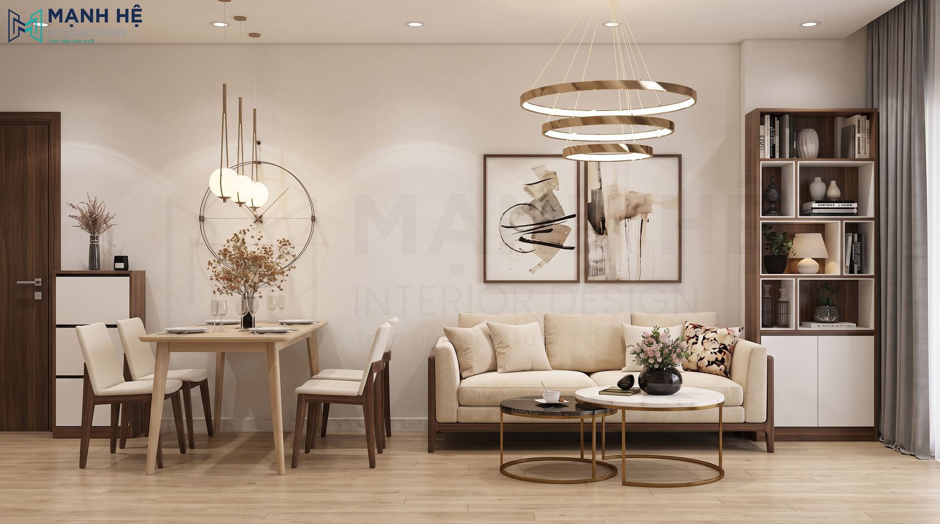 Không gian phòng khách kê liền kề bộ bàn ăn gỗ, nổi bật với sofa màu be, bàn trà tròn đôi và tủ sách trang trí kề bên