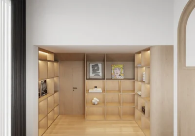 Thiết kế các kệ sách lớn để bé lưu trữ sách vở hoặc trưng bày, ngoài ra có thể tận dụng làm nơi để bé đọc sách