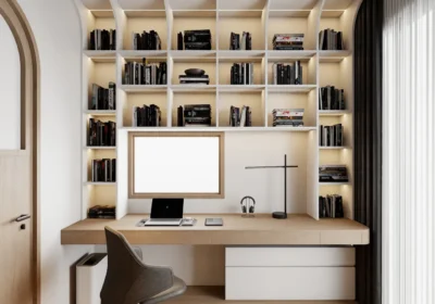 Thiết kế phòng học riêng biệt với bàn học tích hợp giá sách chạm trần, tạo nhiều không gian học tập cho bé