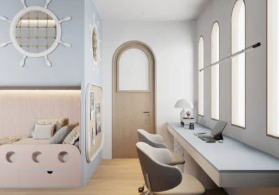 Thiết kế góc học tập cạnh cửa sổ và kết hợp đèn thả dây tạo đủ ánh sáng khi 2 bé học tập