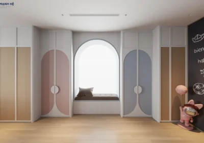 Tủ quần áo kịch trần được thiết kế gam màu xanh - hồng để giúp bé phân biệt, ngoài ra kết hợp bục ngồi ở giữa để tạo thêm góc đọc sách, thư giãn cho bé