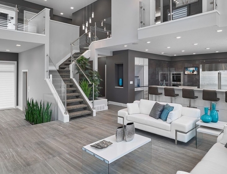 Gray Living Room Stairs Design Min