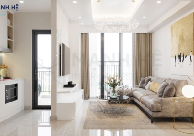 Không gian phòng khách được ngăn với khu bếp bởi vách thạch cao tone trắng tôn lên vẻ đẹp nhẹ nhàng cùng điểm nhấn chiếc đèn thả đẹp mắt