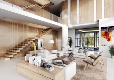 Living Room With Wooden Panels Min