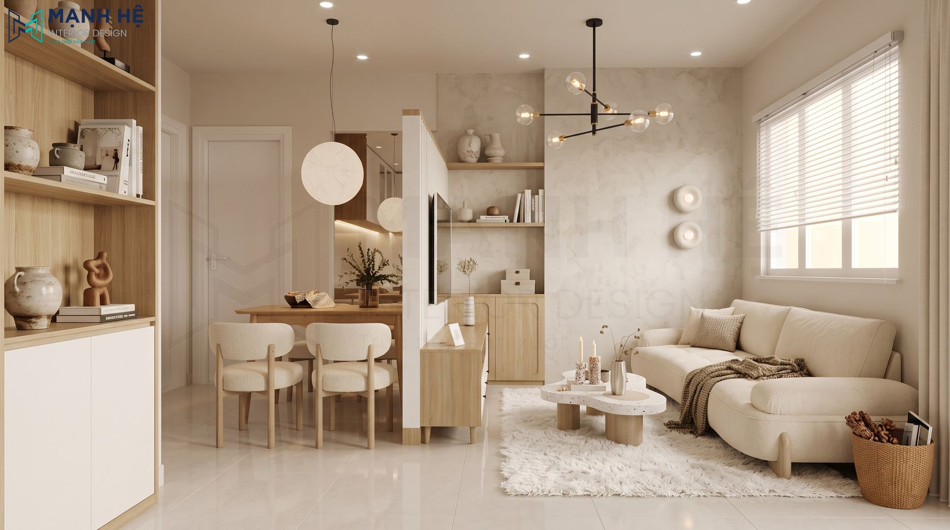 phòng khách liền phòng ăn màu be với sofa kem, bàn trà đá và thảm lông