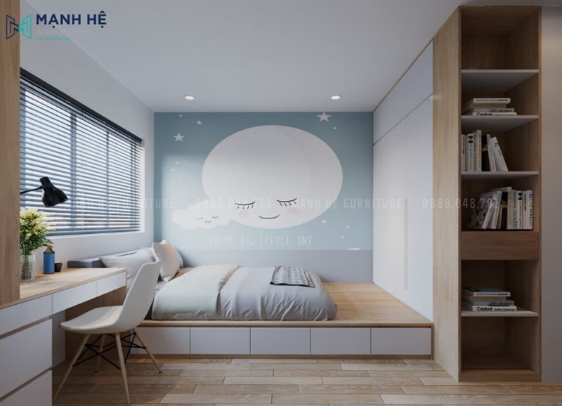 Mẫu phòng ngủ sử dụng giấy dán tường đơn giản cho bé trai