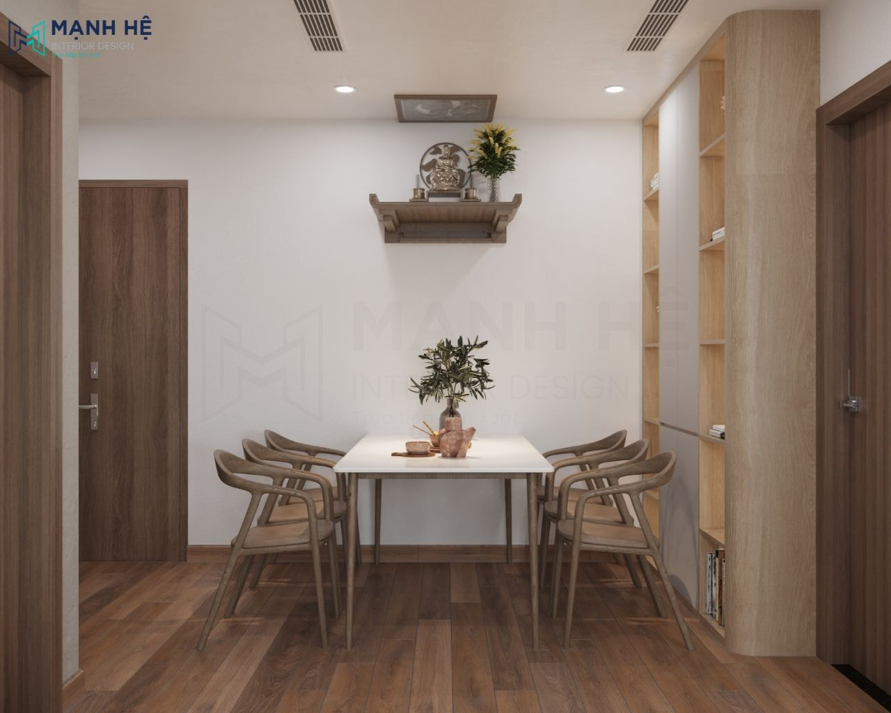 Bàn ăn được đặt gần khu vực bếp để tiện cho gia chủ khi di chuyển