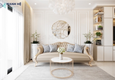 Thiết kế nội thất phòng khách chung cư đẹp sang trọng với gam màu trắng tinh tế đậm chất tân cổ điển