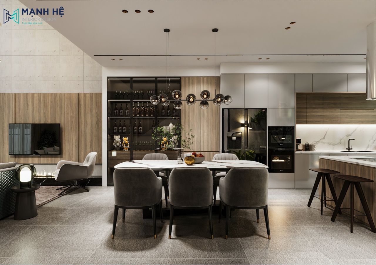Thiết kế không gian phòng khách nối liền phòng bếp
