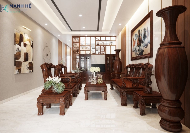Thiết kế phòng khách nhà ống chiều rộng 5m đầy ấm cúng nhờ vào việc sử dụng đồng bộ chất liệu gỗ tự nhiên và có sử dụng kệ đứng gỗ để phân chia không gian một cách nhẹ nhàng