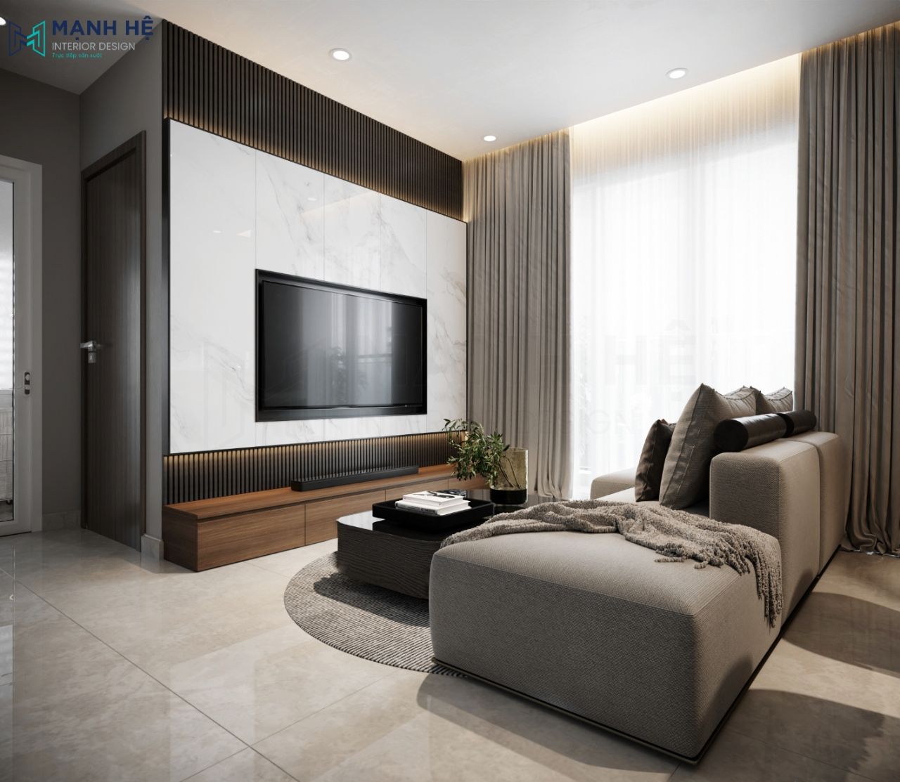 Thiet Ke Noi That Chung Cu Phòng khách đặt sofa nhỏ màu xám kết hợp với bàn trà vuông tạo sự hiện đại, sang trọng cho tổng thể