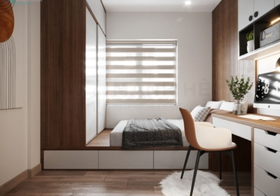 Phòng ngủ nhỏ nhẹ nhàng và hiện đại với thiết kế giường liền tủ từ gỗ công nghiệp