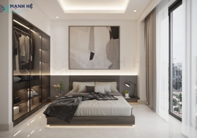 Phòng ngủ được thiết kế với phong cách hiện đại gam màu trung tính