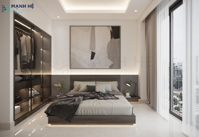 Phòng ngủ được thiết kế với phong cách hiện đại gam màu trung tính