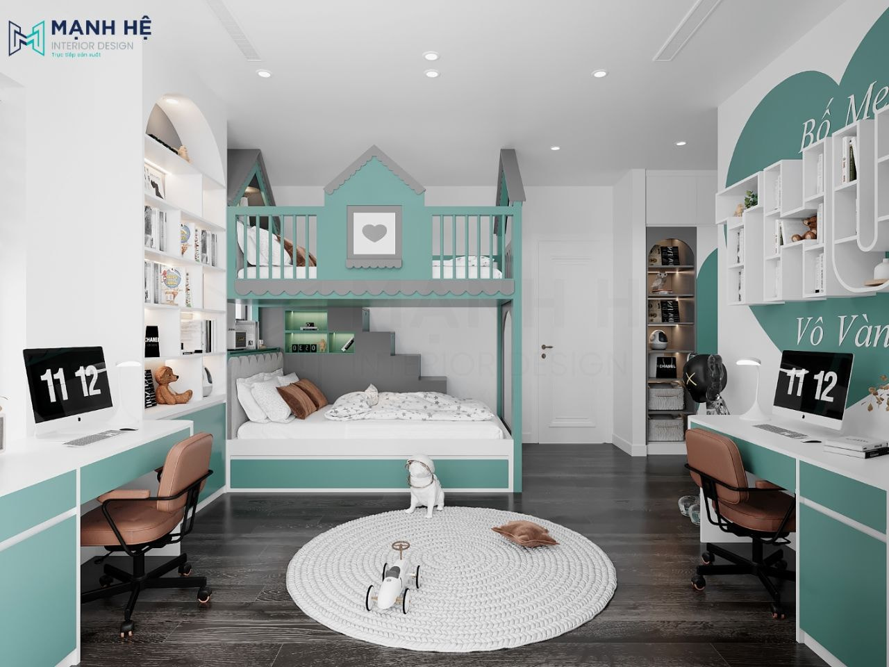Sử dụng thiết kế giường tầng thông minh màu xanh mint cho phòng ngủ bé trai