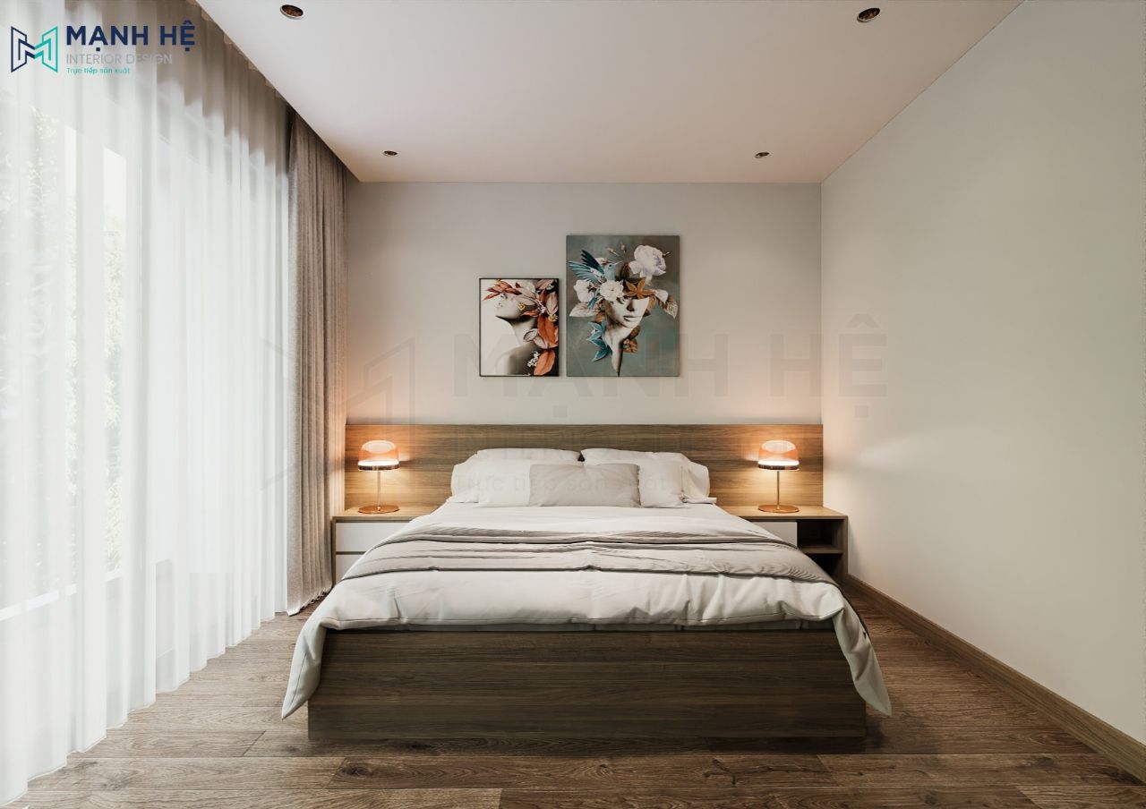 Phòng ngủ 01 được thiết kế đơn giản với điểm nhấn tranh vẽ treo tường độc đáo