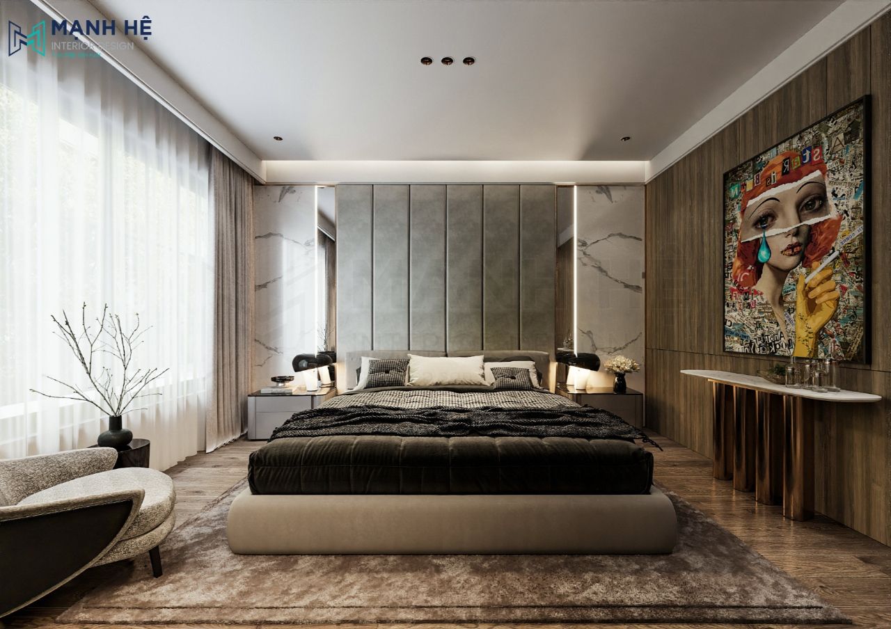 Phòng ngủ master với gam màu trung tính trầm ấm