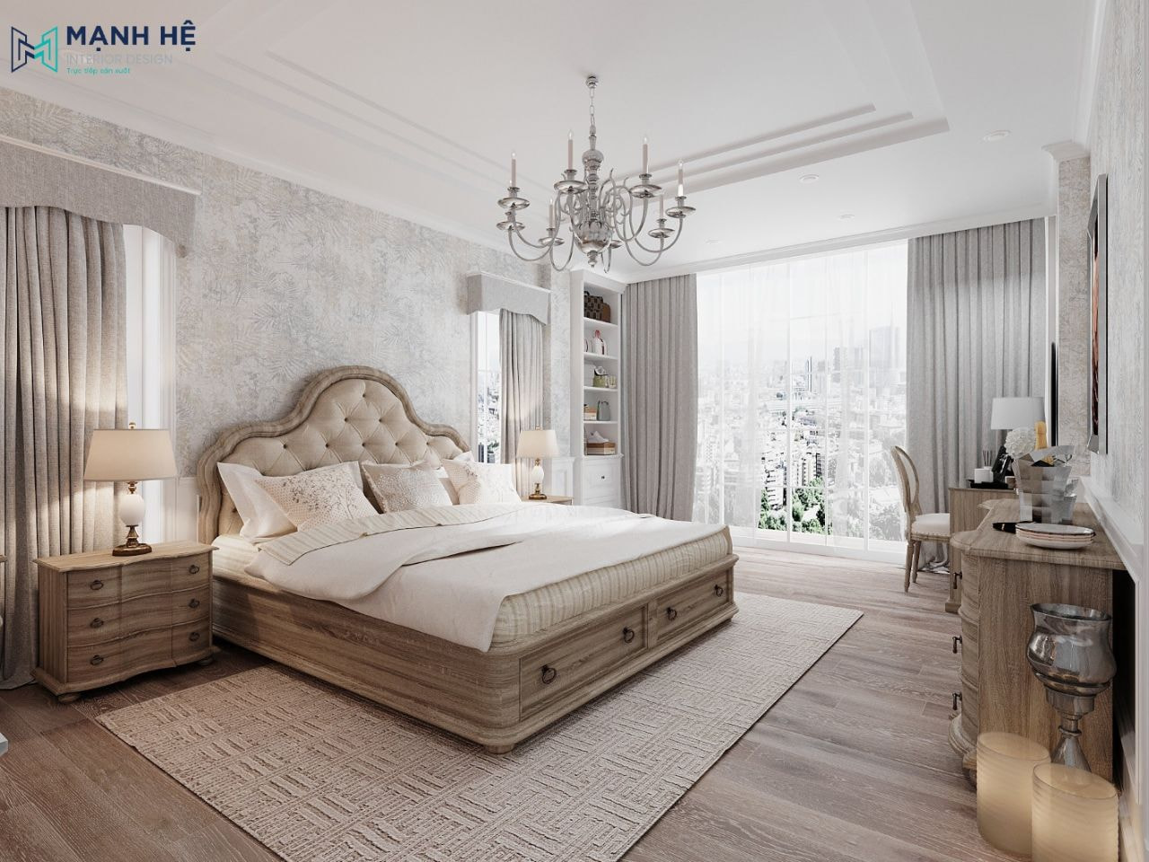 Phong cách tân cổ điển được ứng dụng cho toàn bộ nội thất phòng ngủ master