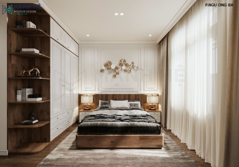 Giường ngủ với gam màu tối trầm ấm, tạo cảm giác yên tĩnh giúp gia chủ ngủ ngon hơn