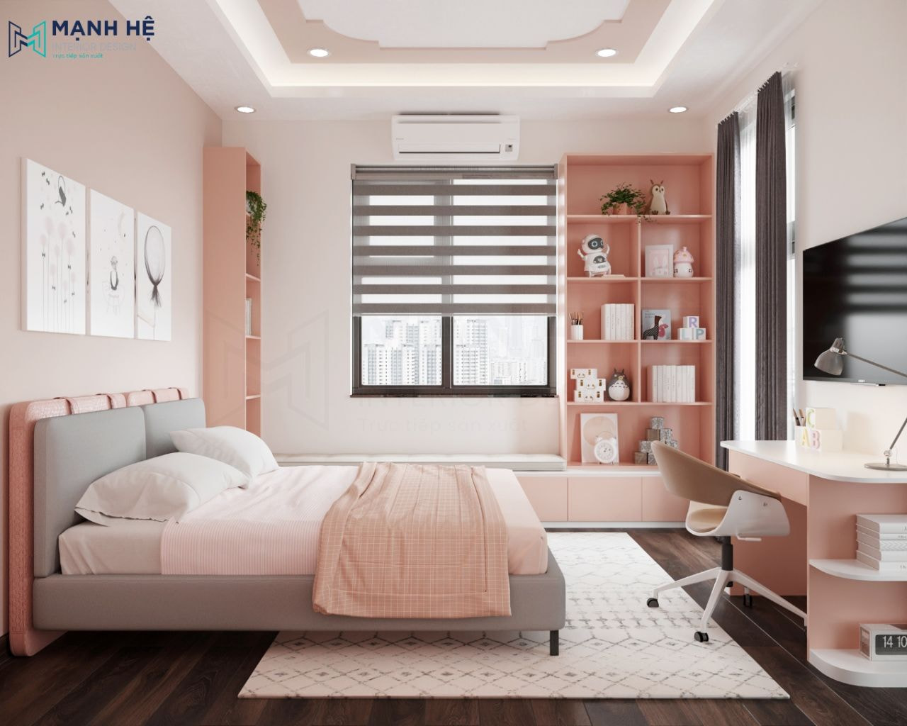 thiet-ke-noi-that-tre-em-mau-1-3 Bục ghế ngồi chữ I đặt cạnh cửa sổ tích hợp thêm tủ trang trí và cửa sổ lớn với hệ thống rèm cầu vòng giúp linh hoạt điều chỉnh ánh sáng