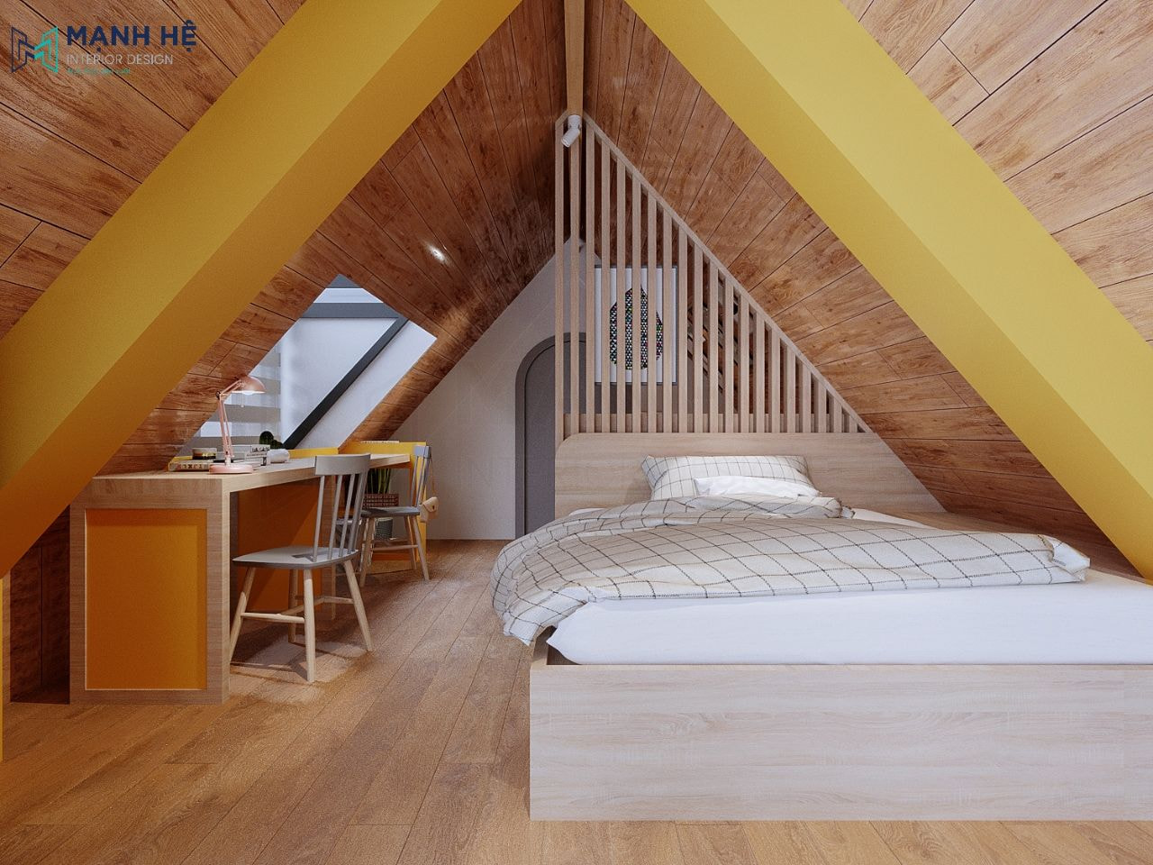 thiet-ke-noi-that-tre-em-mau-7-2 Bố trí bàn học và giường ngủ ở phòng vẽ tranh