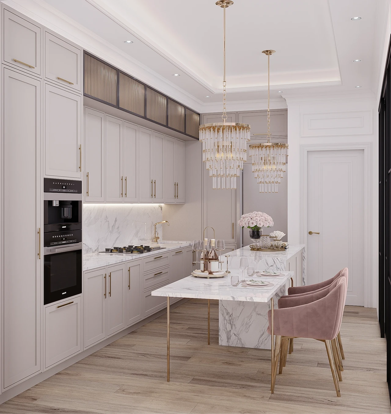 Tủ bếp tân cổ điển màu kem nhạt kết hợp đèn chùm pha lê và bàn đảo mặt đá marble trắng