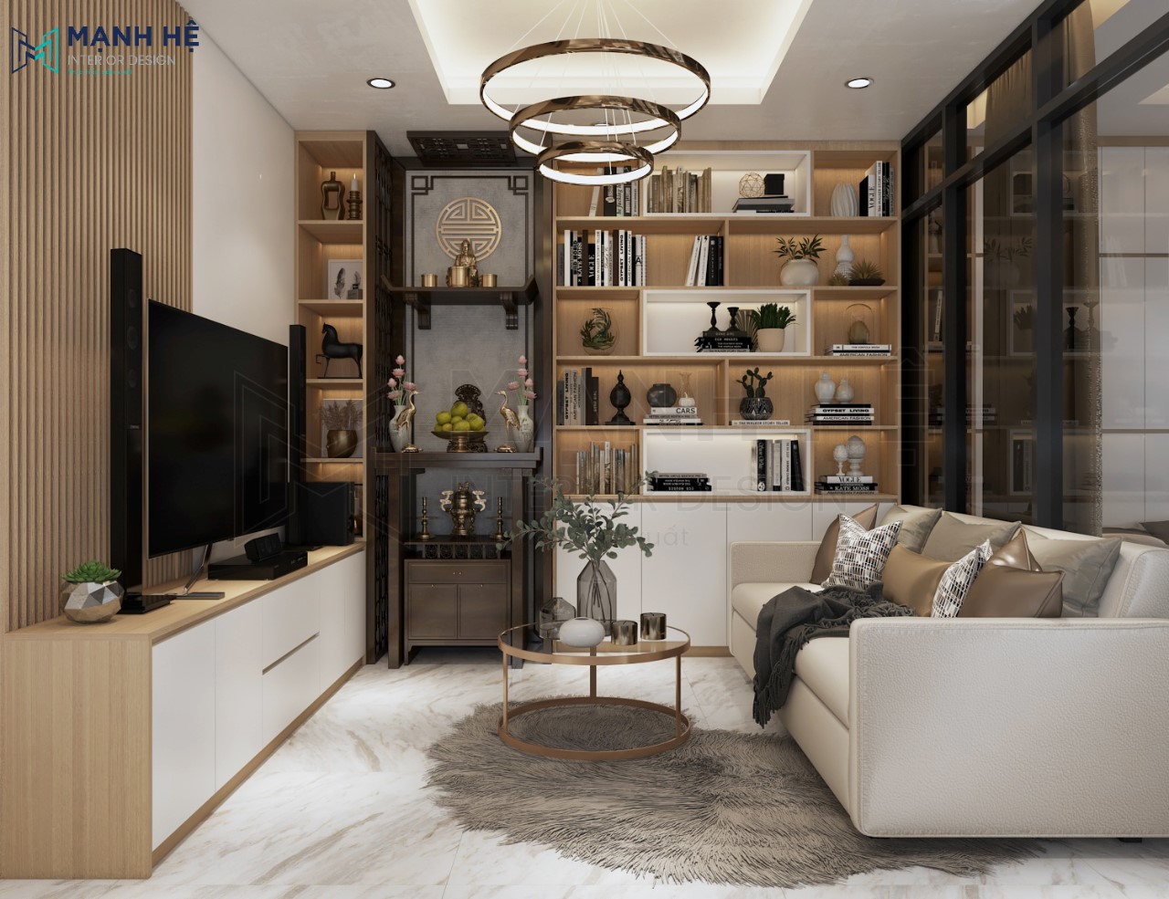 1. Kệ Sách Trang Trí Phòng Khách Mini Thiết kế kệ tủ trang trí đụng trần cho phòng khách trở nên gọn gàng hơn