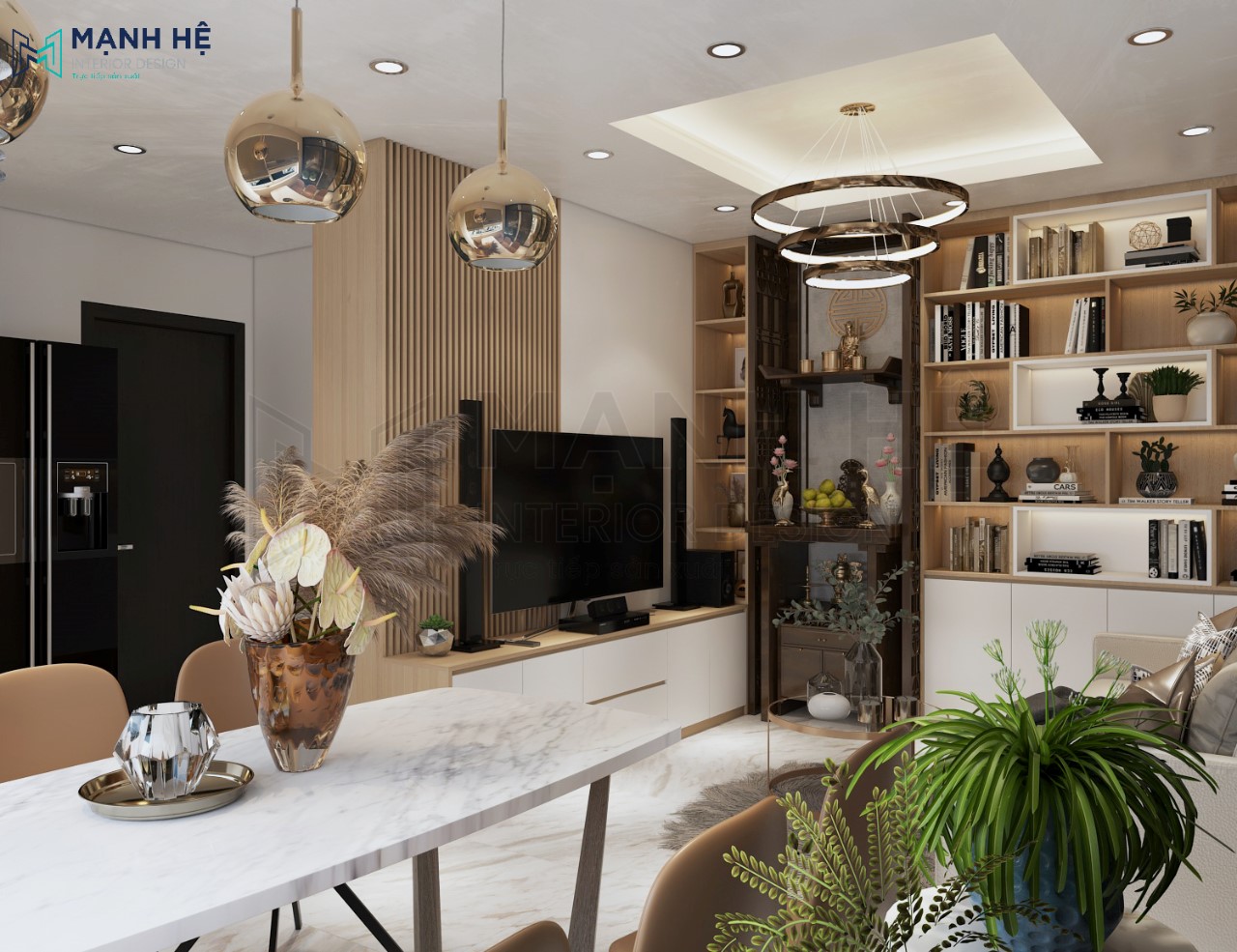 1. Kệ Tivi Phòng Khách Thiết kế kệ tủ trang trí đụng trần cho phòng khách trở nên gọn gàng hơn