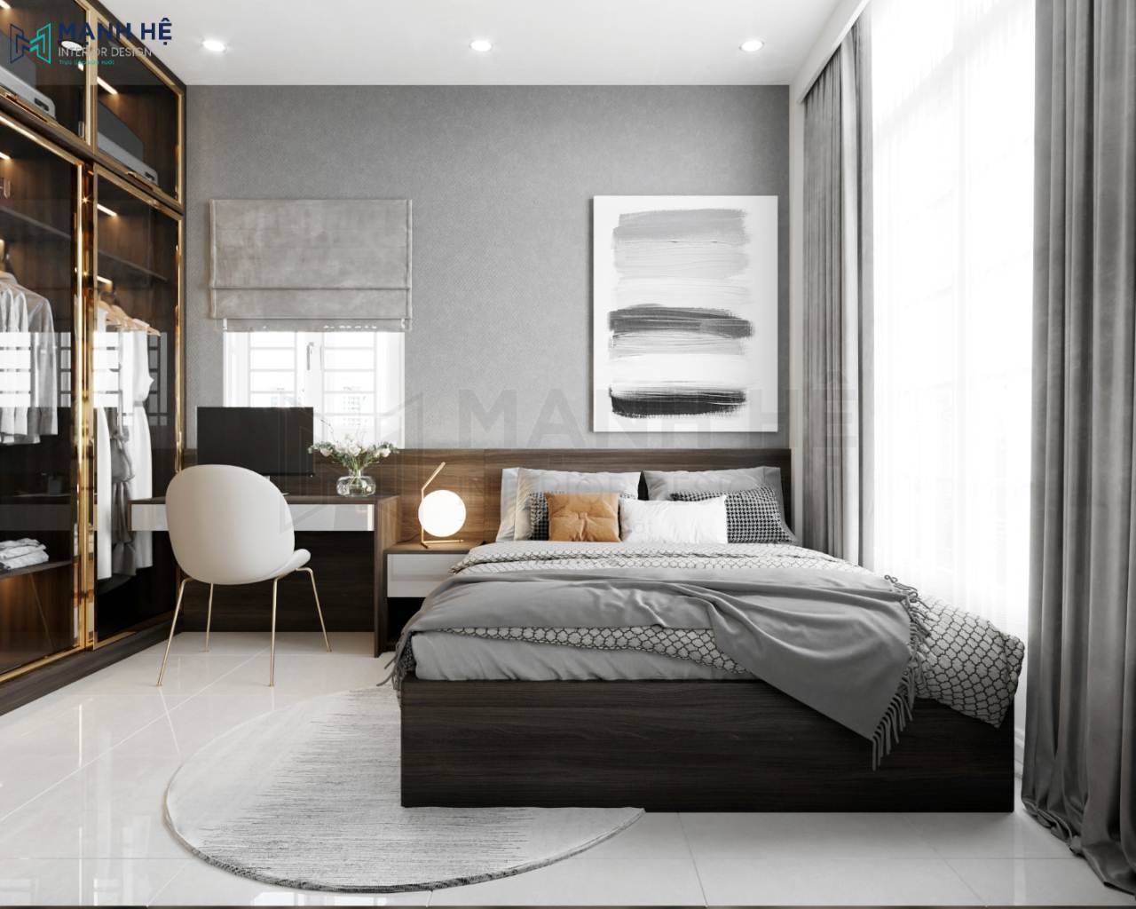 Phòng ngủ gỗ công nghiệp nhỏ dành cho nam vô cùng tiện nghi