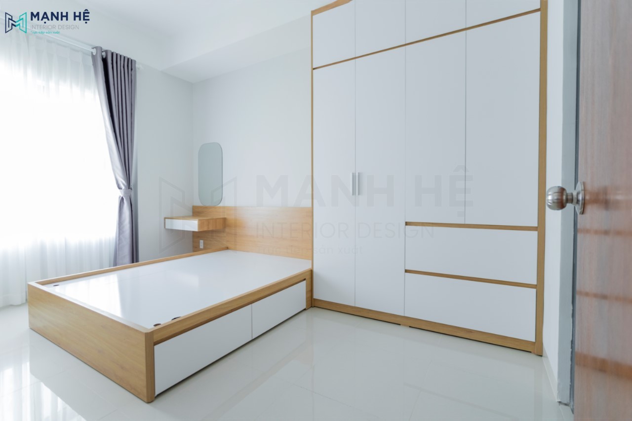 Thi công nội thất phòng ngủ chung cư hiện đại bằng chất liệu gỗ công nghiệp
