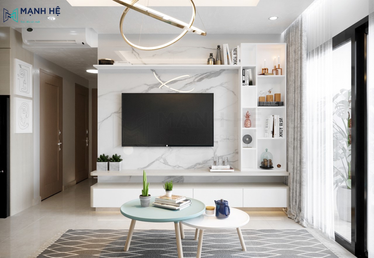 Thiet Ke Noi That Chung Cu Hệ tủ tivi kết hợp tủ trang trí đẹp trên nền tường ốp đá marble