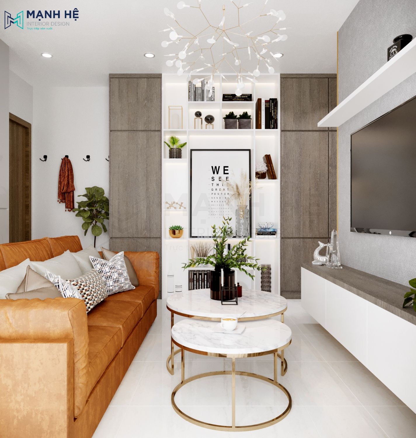 Thiet Ke Noi That Chung Cu Đèn chùm treo trần có kiểu dáng sáng tạo, các bóng đèn nhỏ tỏa ra như bó hoa trắng tinh khôi