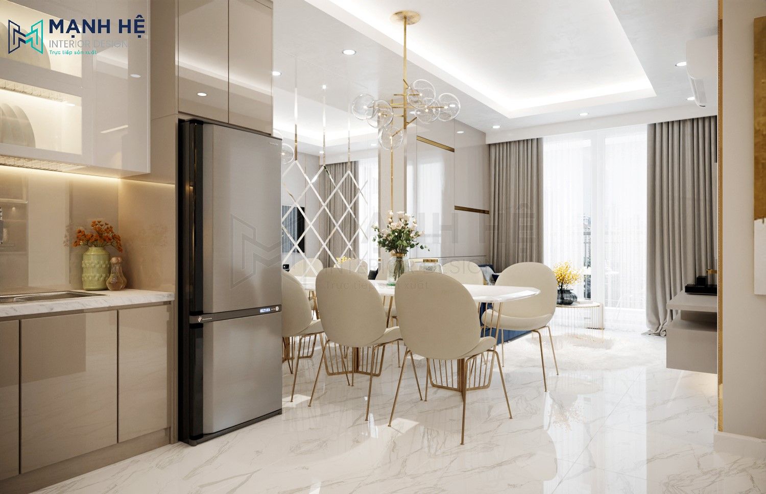 Thiet Ke Noi That Chung Cu Tổng quan không gian thiết kế nội thất phòng khách liền bếp