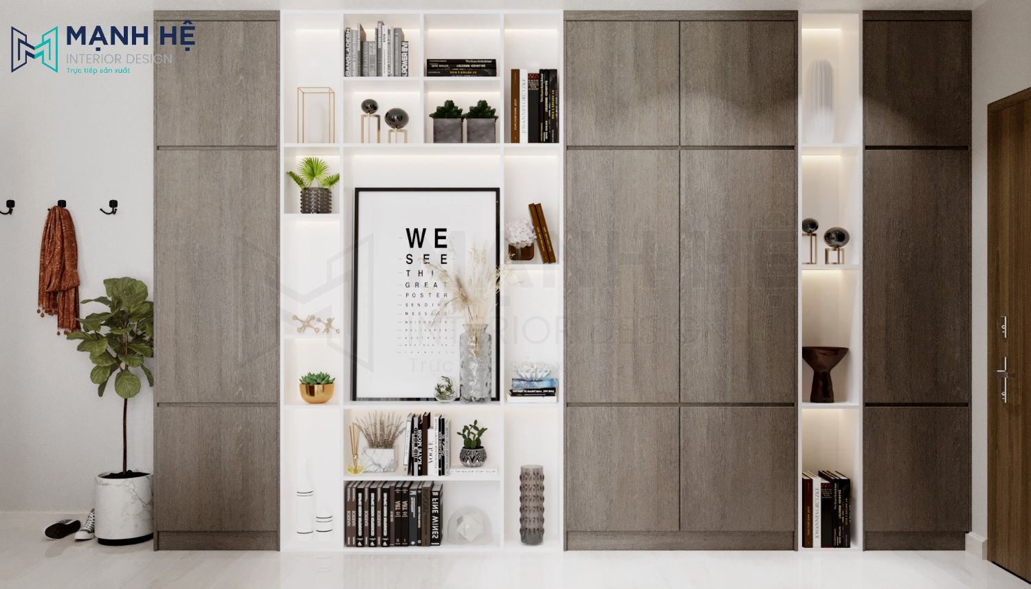 Thiet Ke Noi That Chung Cu Tủ gỗ MDF chống ẩm An Cường, mặt tủ phủ Melamine nhám hiện đại, các lồng kệ phủ Acrylic màu trắng