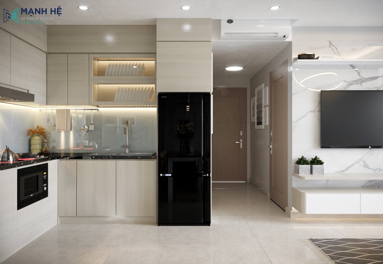 Thiet Ke Noi That Chung Cu Thiết kế nội thất phòng bếp với hệ tủ bếp chữ L làm từ gỗ công nghiệp có ngăn chứa tủ lạnh