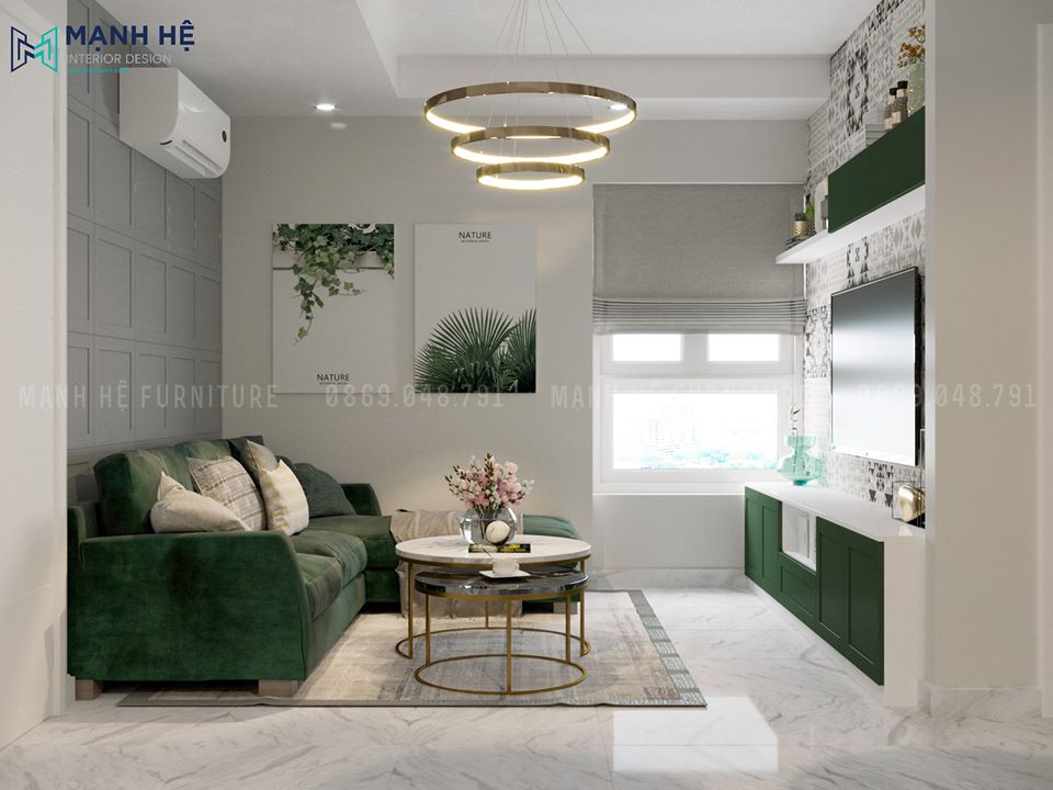 2 Khong Gian Phong Khach Thiết kế nội thất phòng khách hiện đại với gam màu trắng xanh