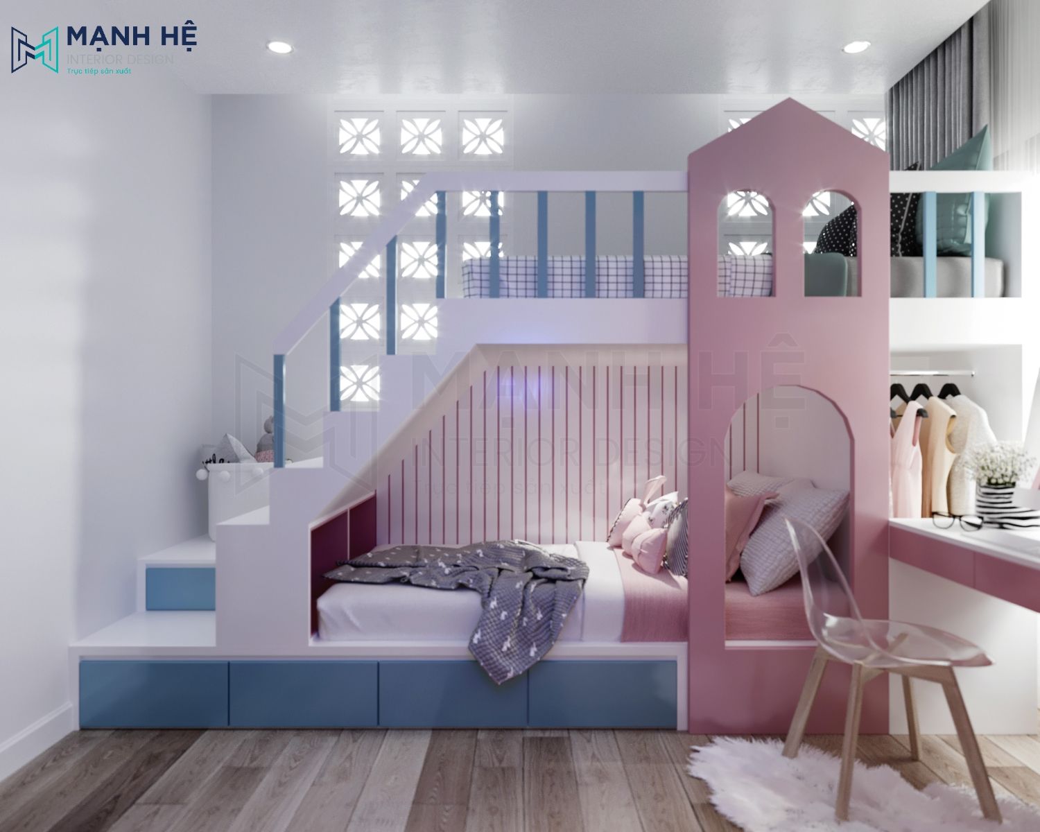 Giường tầng cho bé hình ngôi nhà với nhiều hộc kéo tiện nghi