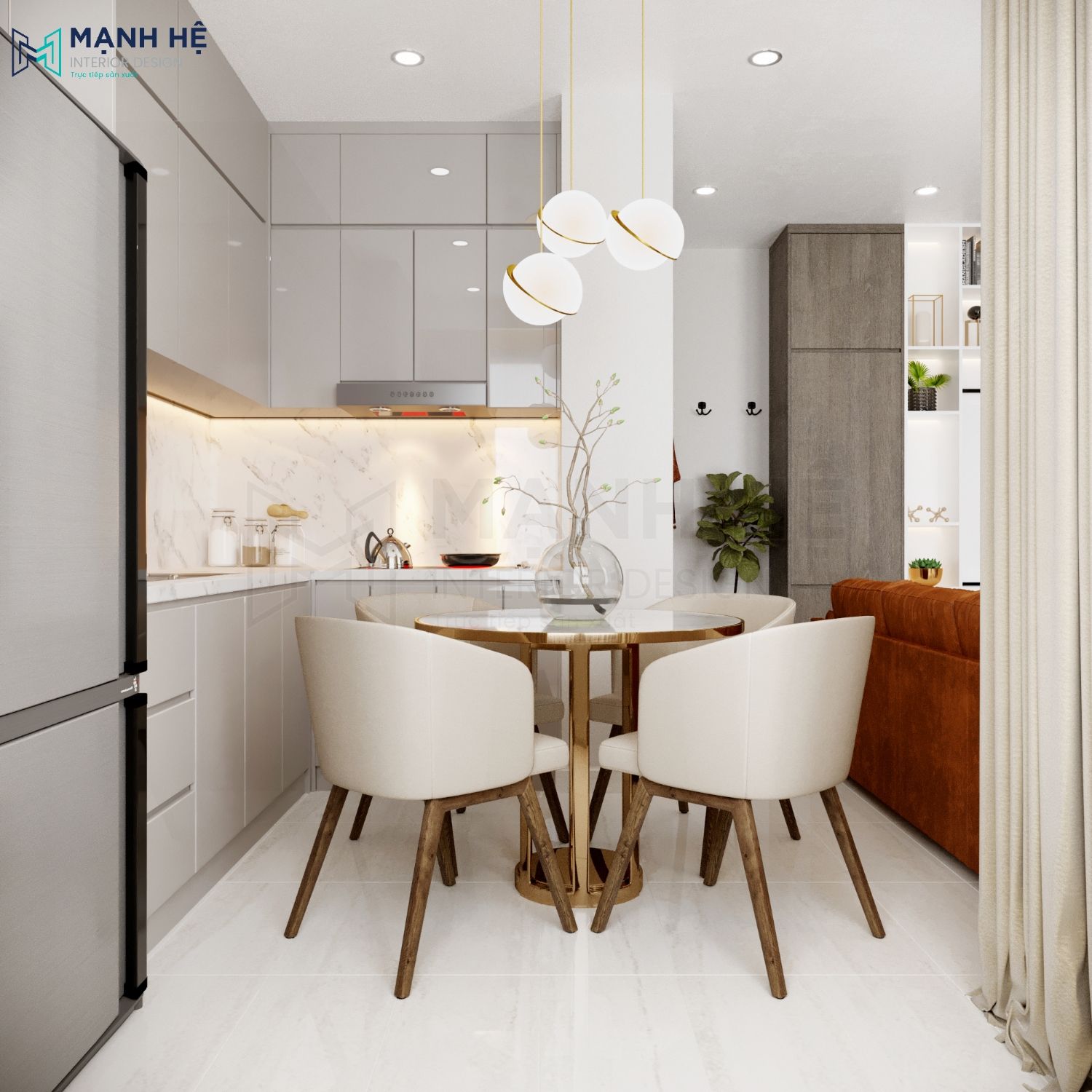 Thiet Ke Noi That Chung Cu Bộ bàn ăn hình tròn 4 ghê nhỏ nhắn có chân ghế bằng gỗ chắc chắn