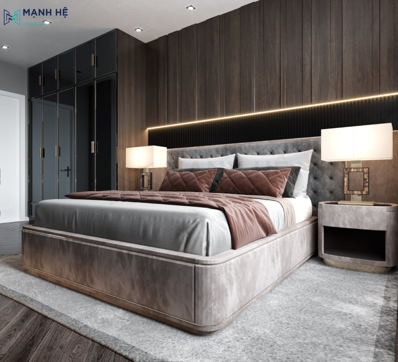 Phòng ngủ được thiết kế theo phong cách Luxury, với giường ngủ được bọc nhung sang trọng kết hợp thiết kế vách đầu giường ấn tượng, bố trí tab đầu giường đối xứng giúp cân bằng tổng thể không gian