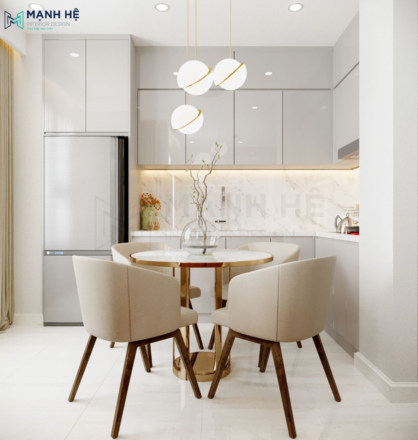 Thiet Ke Noi That Chung Cu Vì không rộng rãi theo chiều ngang, nên KTS tận dụng chiều cao trần để thiết kế tủ bếp chạm trần, tối ưu không gian chứa dụng cụng nấu nướng