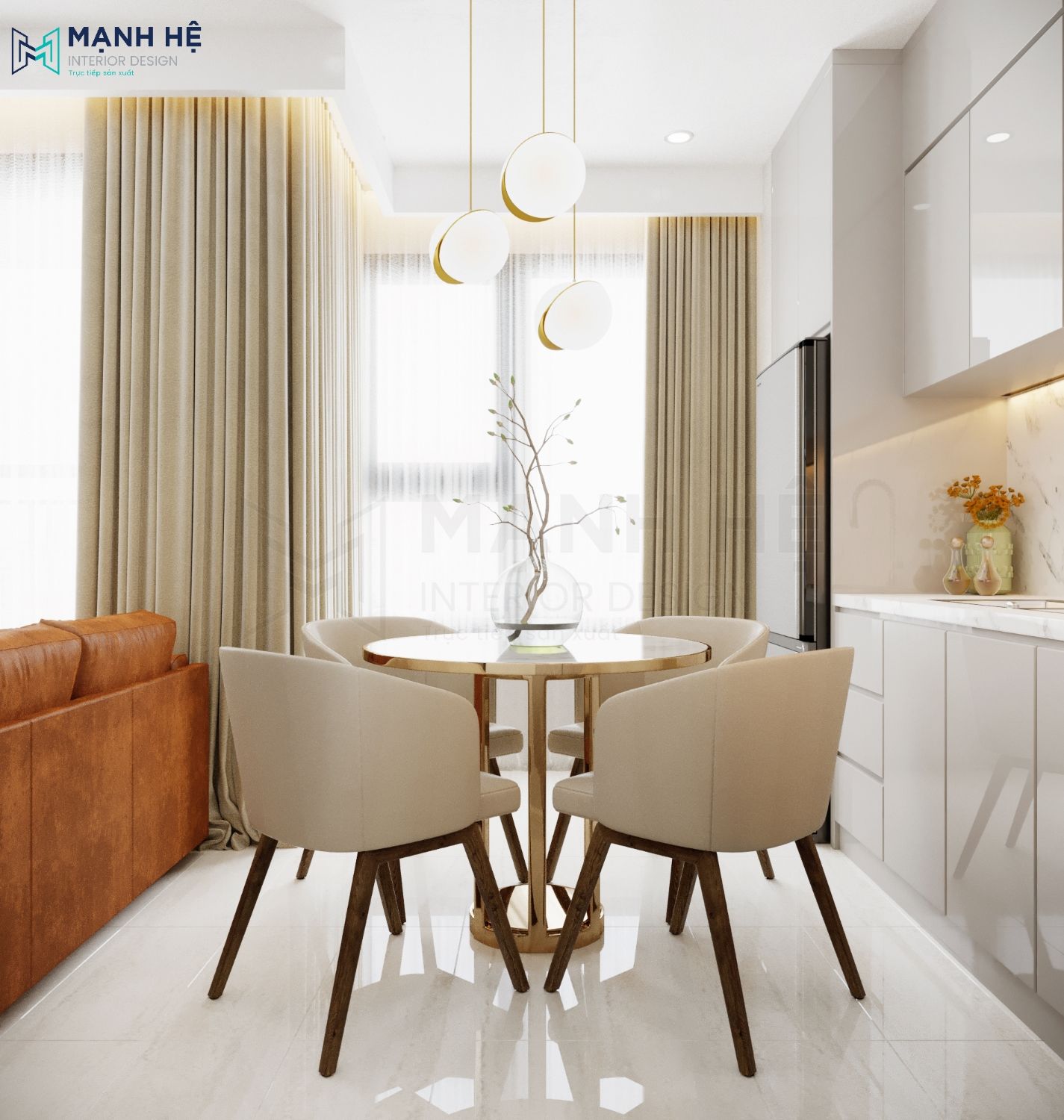 Thiet Ke Noi That Chung Cu Đèn chùm treo trần có kiểu dáng sáng tạo, các bóng đèn nhỏ tỏa ra như bó hoa trắng tinh khôi