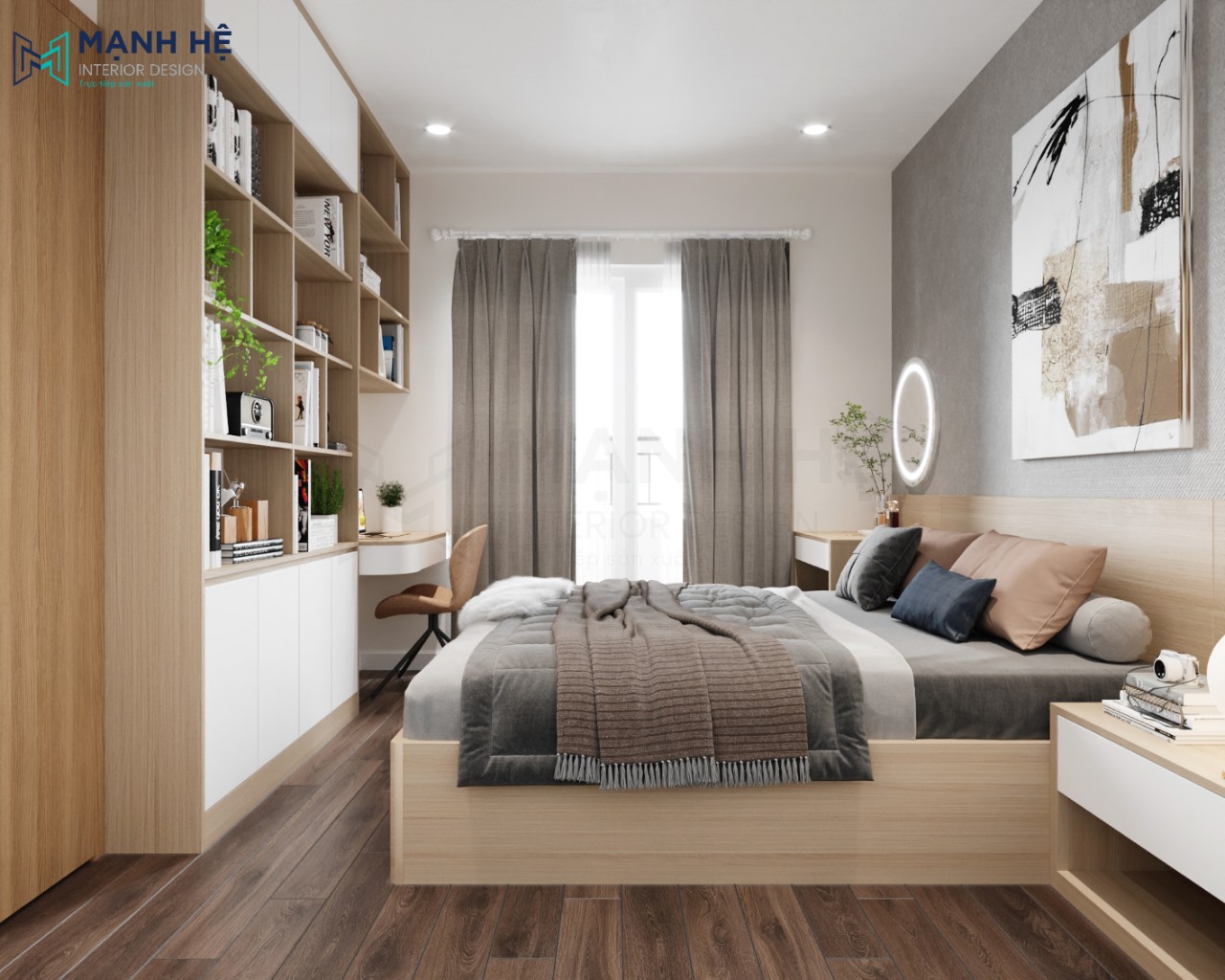 Đồ nội thất trong phòng ngủ sử dụng toàn bộ gỗ công nghiệp với giá thành phải chăng