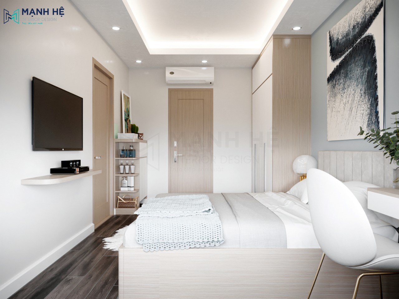 Thiet Ke Noi That Chung Cu Tủ quần áo thiết kế đụng trần làm từ gỗ công nghiệp đồng bộ với tổng thể không gian phòng ngủ