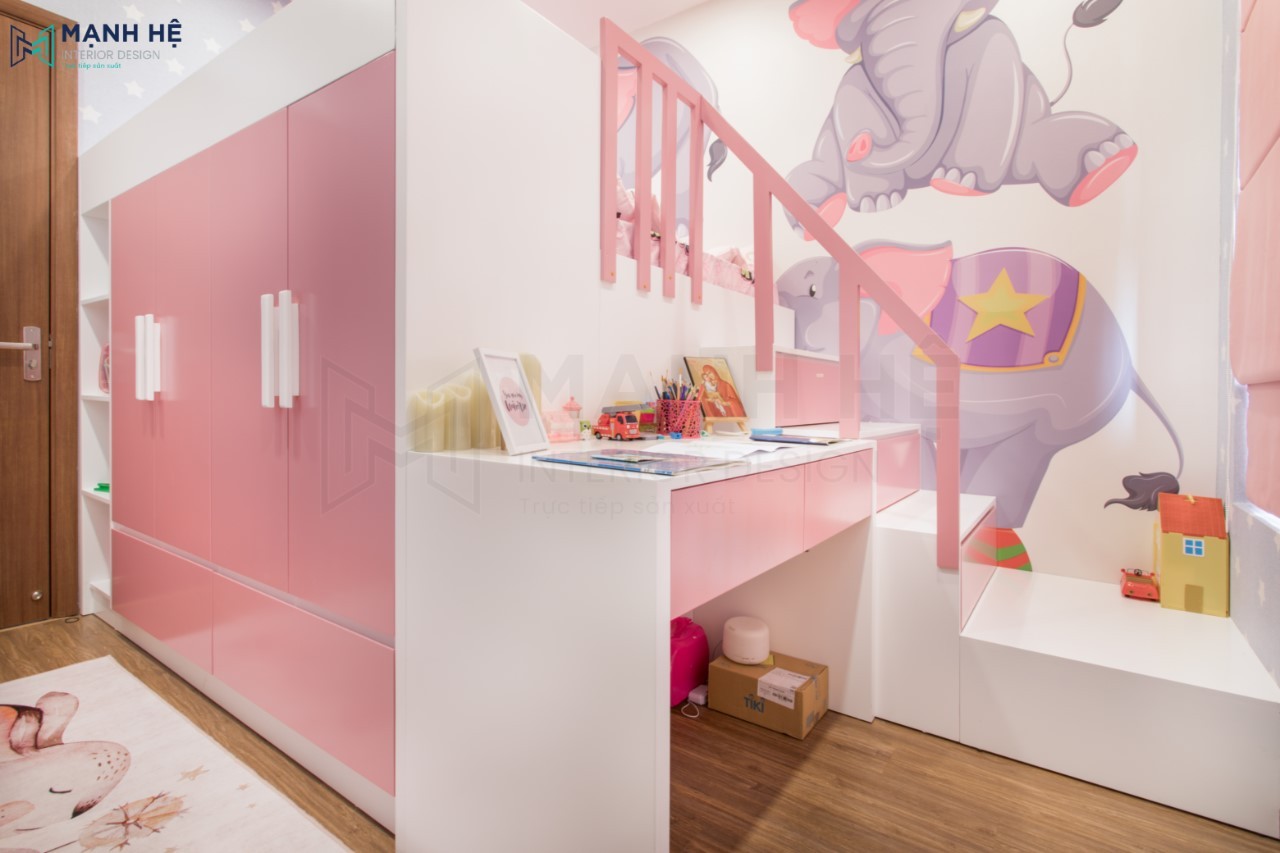 Hoàn thiện thi công nội thất chung cư Sunrise Riverside phòng bé màu hồng
