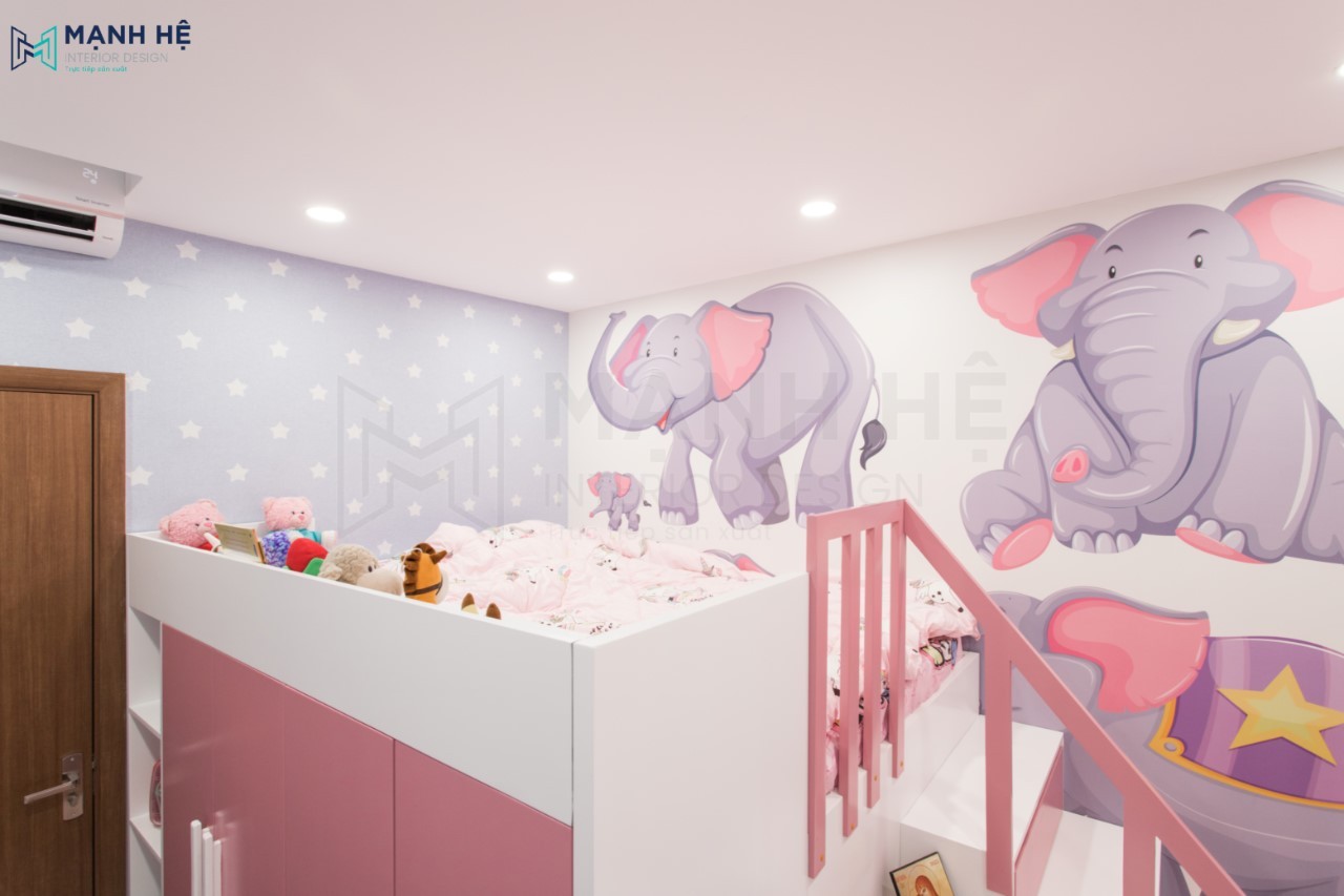 Hoàn thiện thi công nội thất chung cư Sunrise Riverside phòng bé màu hồng